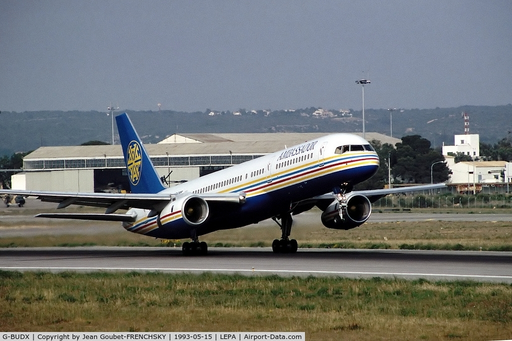 G-BUDX, 1992 Boeing 757-236 C/N 25592, AMBASSADOR take off to Manchester
