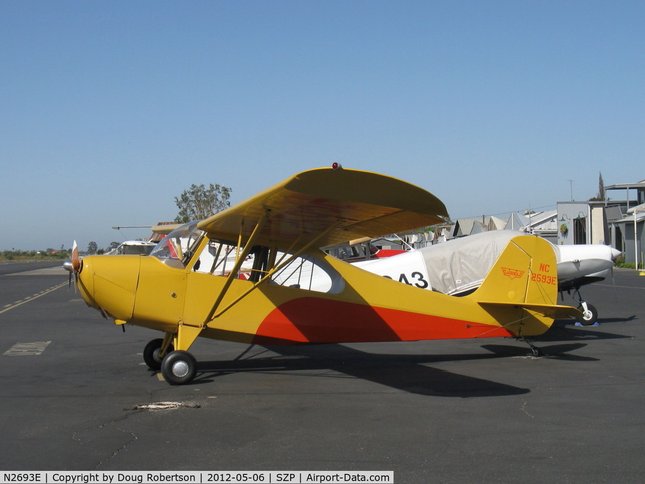 N2693E, 1946 Champion 7CCM C/N 7AC-6273, 1946 Aeronca 7CCM CHAMPION conversion from 7AC, Continental C90 90 Hp upgrade from C65, the 7CCM model was first produced in 1948. All 7ACs had this same color yellow/red trim scheme. South Dakota visitor.
