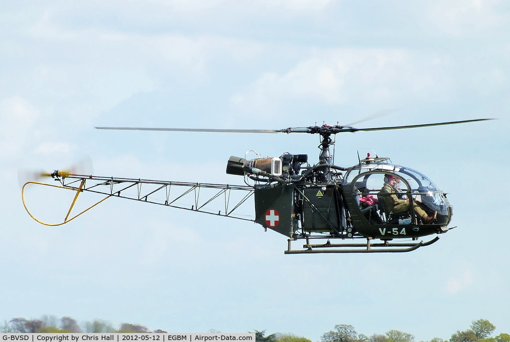 G-BVSD, 1964 Sud SE-3130 Alouette II C/N 1897, painted in its former Swiss Air Force colours and wearing the serial number V-54