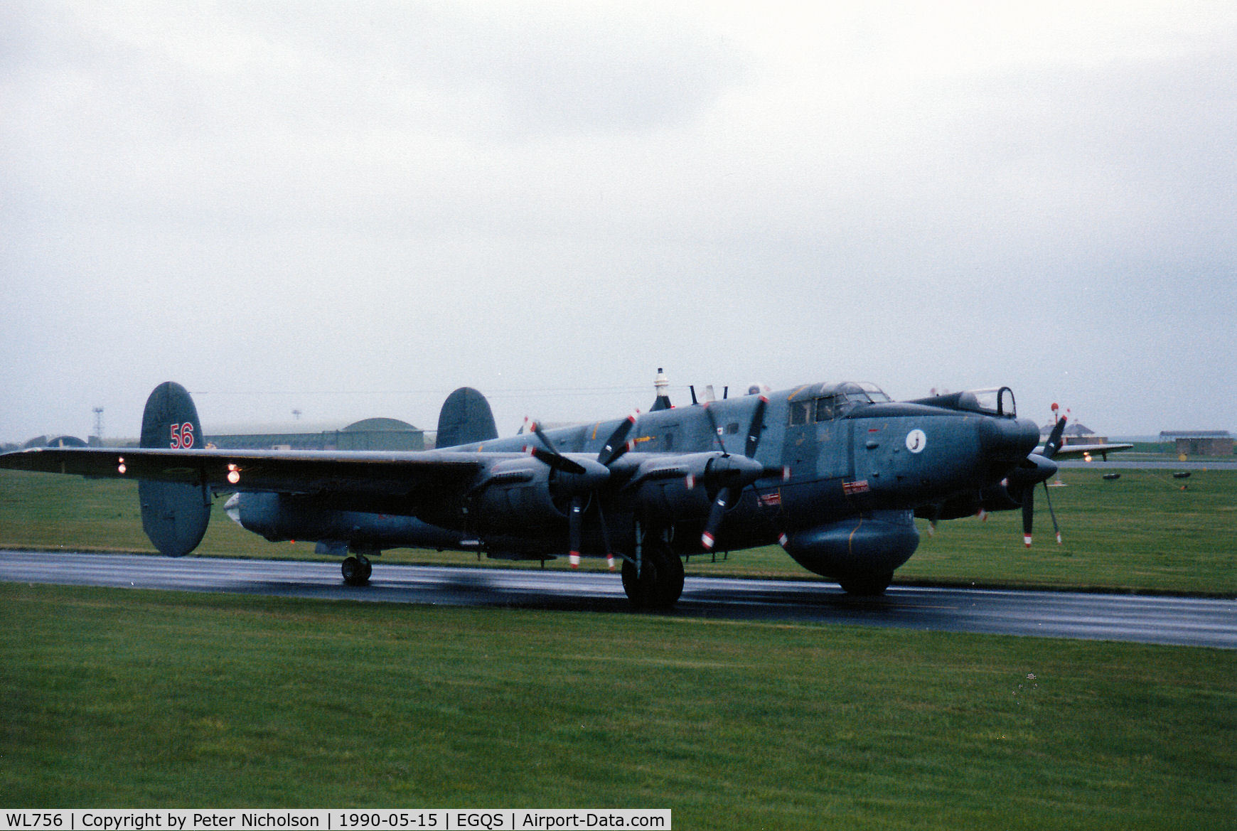 WL756, 1953 Avro 716 Shackleton AEW.2 C/N R3/696/239002, Shackleton AEW.2 of 8 Squadron taxying to Runway 05 at RAF Lossiemouth in May 1990