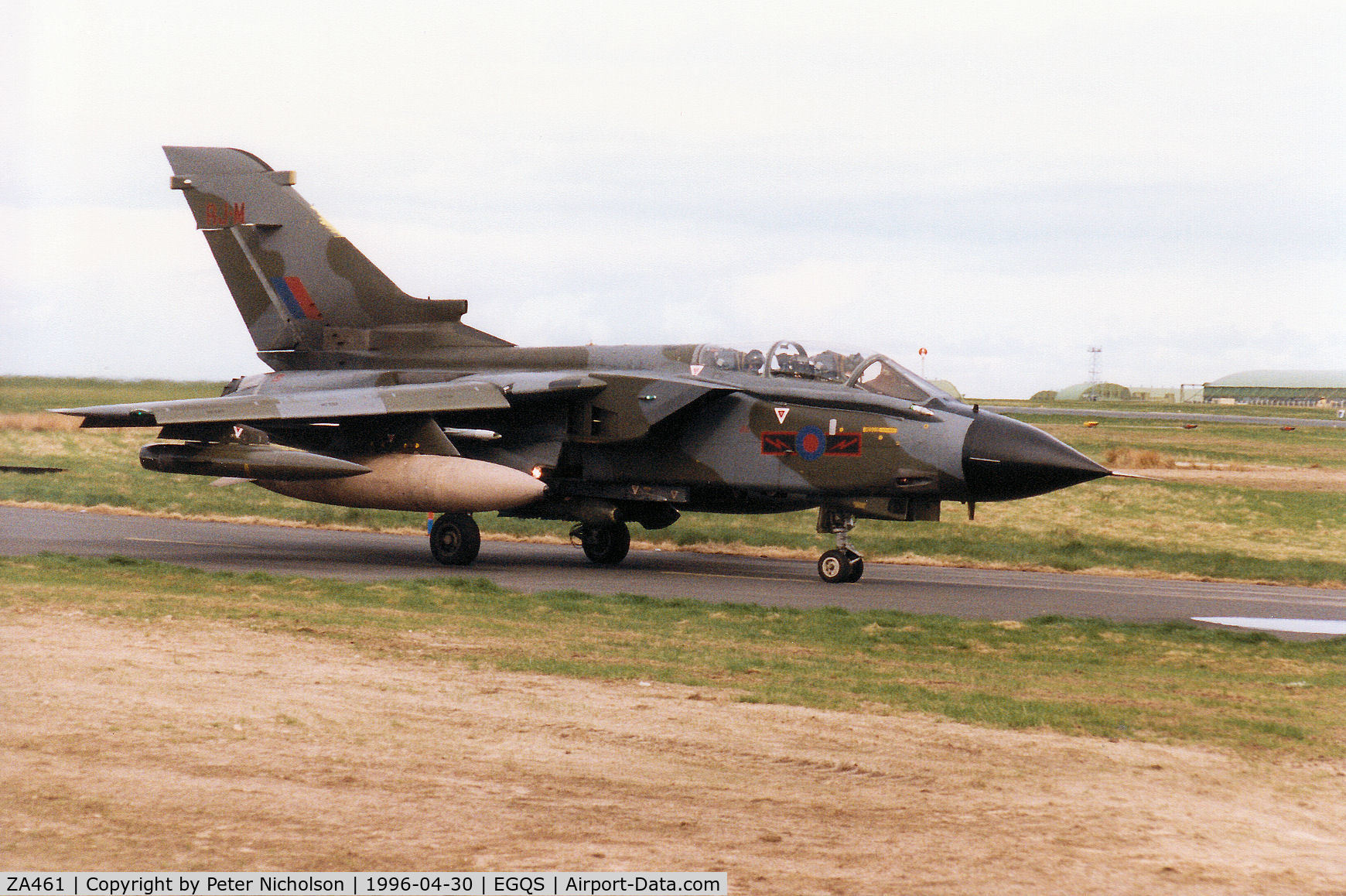ZA461, 1983 Panavia Tornado GR.1 C/N BS091/269/3127, Tornado GR.1, callsign Jackal 4, of 617 Squadron taxying to Runway 05 at RAF Lossiemouth in April 1996.
