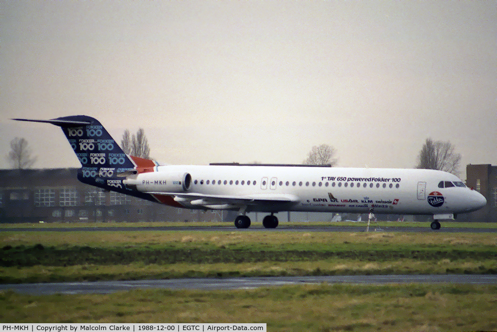 PH-MKH, 1986 Fokker 70 (F-28-0070) C/N 11242, The Fokker 100 prototype during flight trials at Cranfield in 1988.