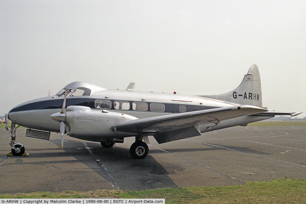 G-ARHW, 1961 De Havilland DH-104 Dove 8 C/N 04512, De Havilland DH-104 Dove 8 at Cranfield Airport in 1990.