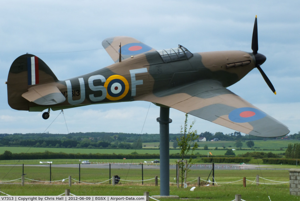 V7313, Hawker Hurricane I Replica C/N Not found V7313, Hawker Hurricane 1 (Replica) gate guardian at North Weald