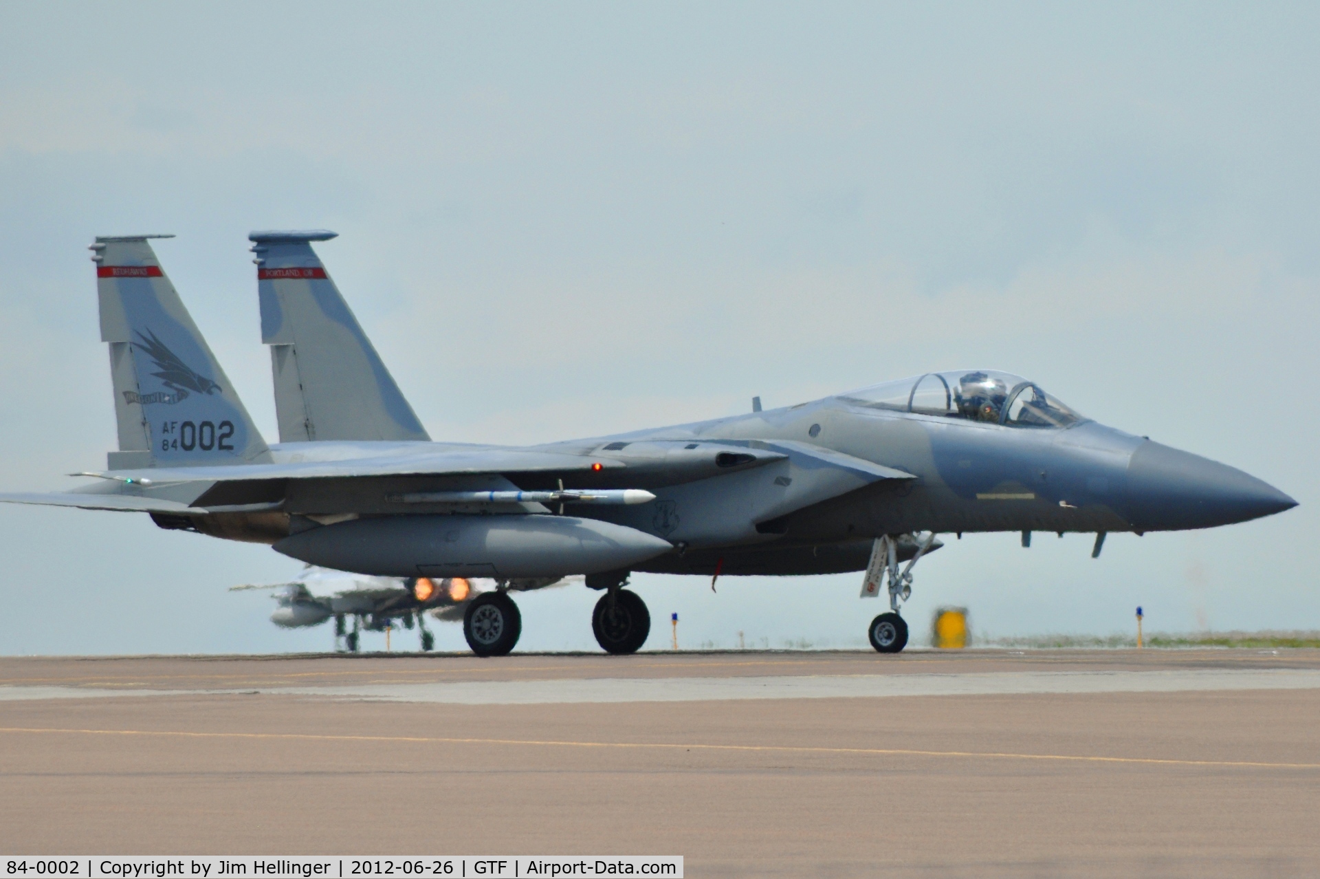 84-0002, 1984 McDonnell Douglas F-15C Eagle C/N 0910/C305, 123rd FS (Oregon ANG) F-15C Eagle taxiing to runway 21 at GTF