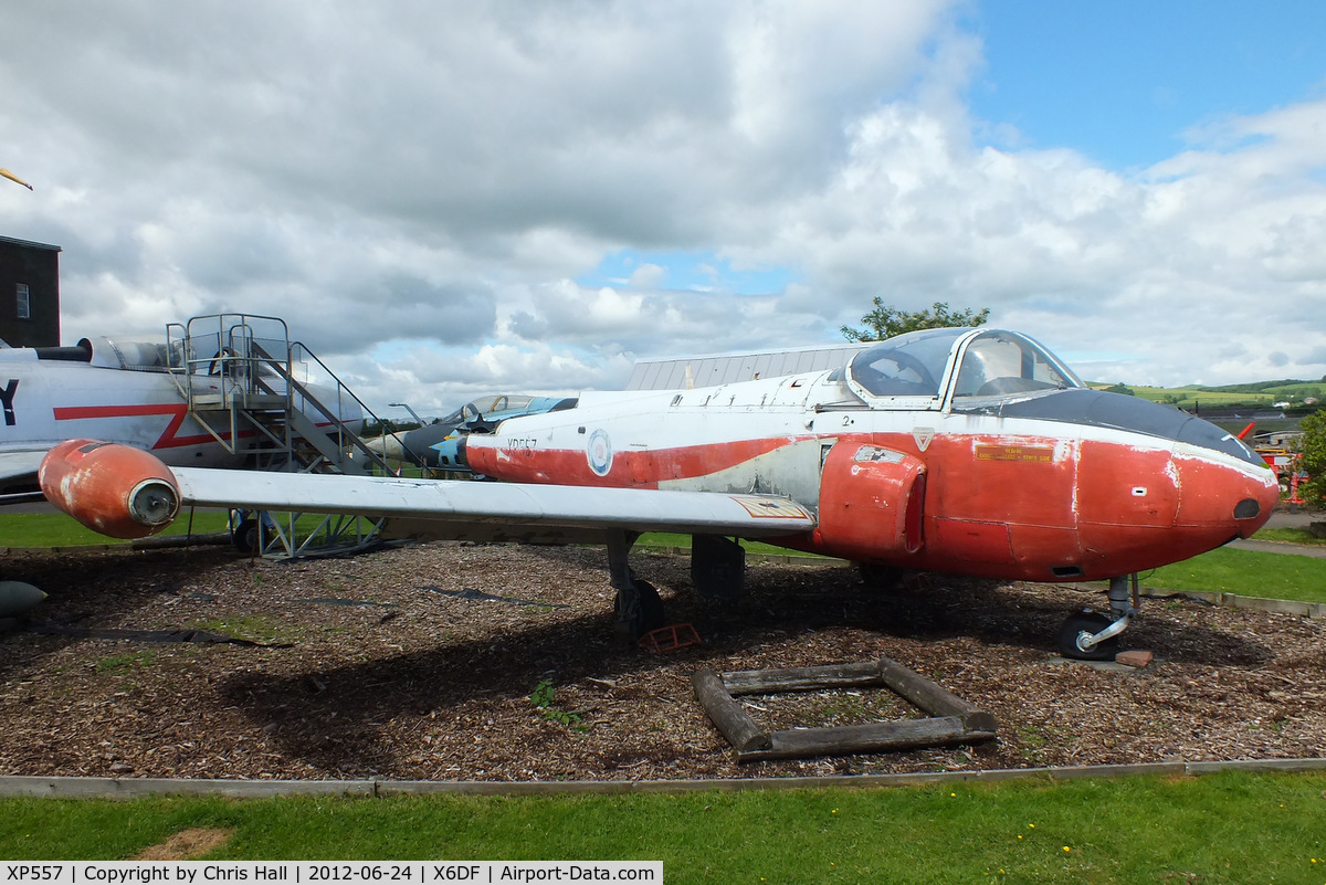 XP557, 1962 BAC 84 Jet Provost T.4 C/N PAC/W/14144, First delivered to the RAF at Cranwell then to 6 FTS at Finningley and SoRF at Leeming. after retirement from RAF service it has been displayed at the South Yorkshire Air Museum and Bomber County Aviation Museum before moving to Dumfries