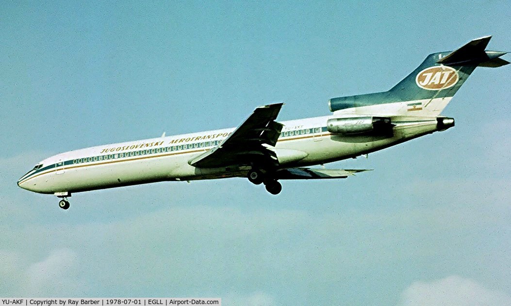 YU-AKF, 1974 Boeing 727-2H9 C/N 21038, Boeing 727-2H9 [21038] (JAT Airways) Heathrow~G 01/07/1978. Seen here. Taken from a slide.