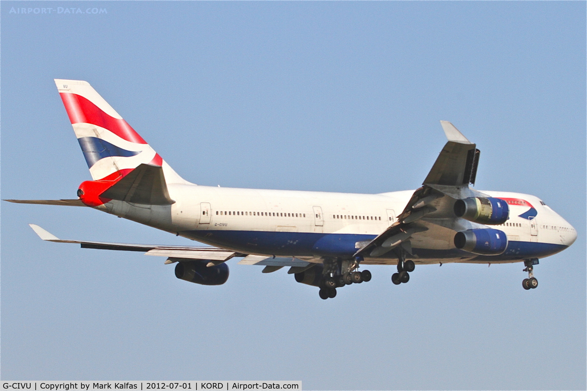 G-CIVU, 1998 Boeing 747-436 C/N 25810, British Airways Boeing 747-436, BAW297 arriving from London Heathrow /EGLL minus an engine cowling on #4, on approach to RWY 14R KORD.