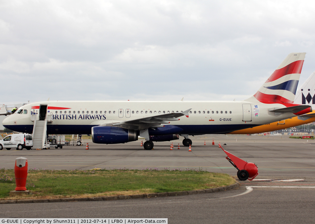 G-EUUE, 2002 Airbus A320-232 C/N 1782, Parked at the General Aviation area... Additional Olympic Game sticker...