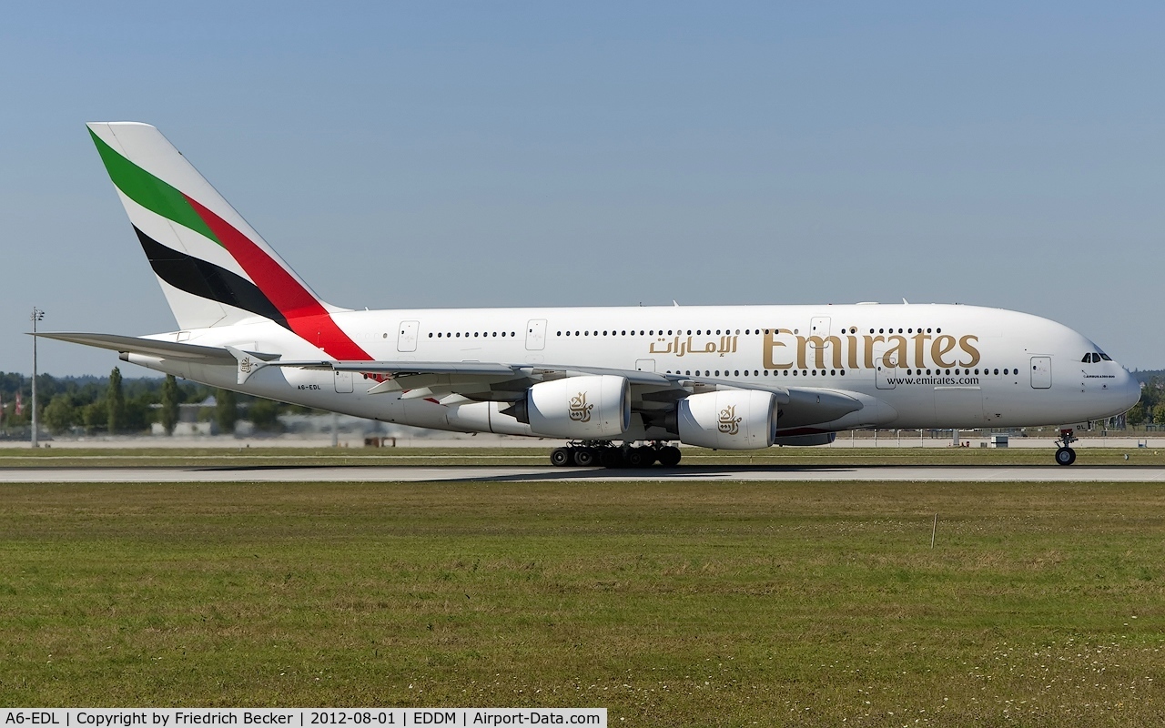 A6-EDL, 2010 Airbus A380-861 C/N 046, departure from Munich