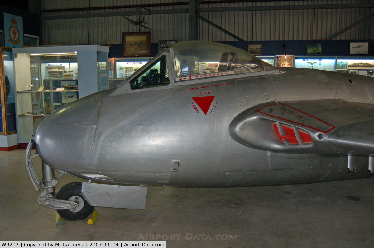 WR202, De Havilland DH-100 Vampire FB.9 C/N 1043, DeHavilland Vampire FB.9 (c/n V1043, frame no. WR202), preserved at the Museum of Transport and Technology (MOTAT) in Auckland, New Zealand.