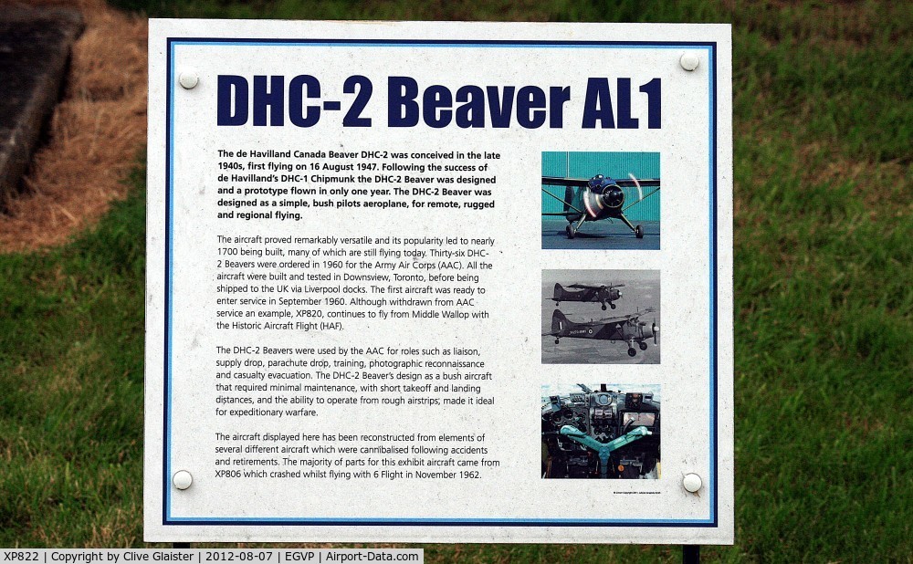 XP822, De Havilland Canada DHC-2 Beaver AL.1 C/N 1486, The information board pertaing to XP822