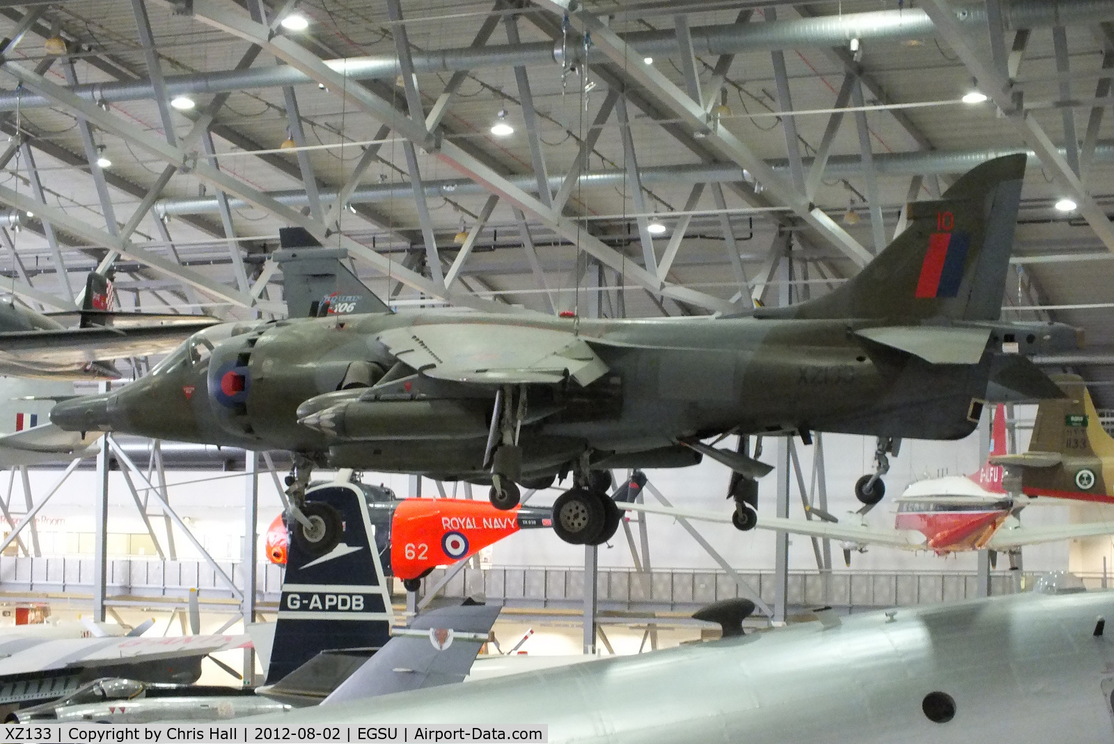 XZ133, 1976 Hawker Siddeley Harrier GR.3 C/N 712192, former Falklands war veretan suspended from the ceiling in the AirSpace hanger, IWM Duxford
