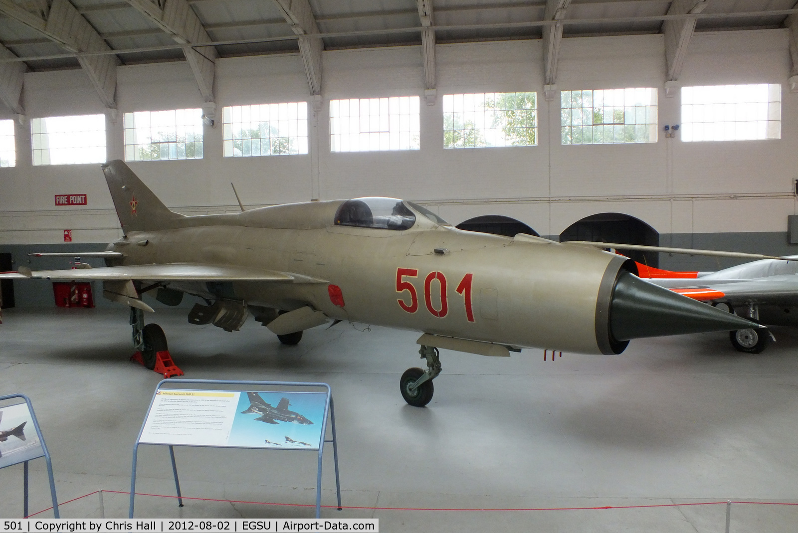 501, 1964 Mikoyan-Gurevich MiG-21PF C/N 760501, ex Hungarian Air Force MiG-21PF, displayed in Hangar 4 at the IWM Duxford
