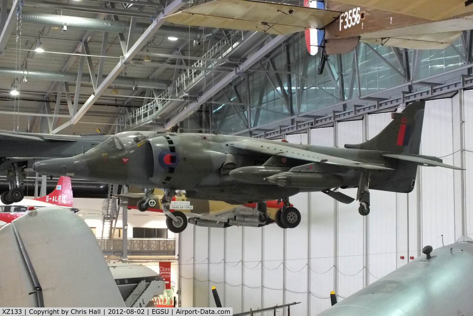 XZ133, 1976 Hawker Siddeley Harrier GR.3 C/N 712192, former Falklands war veretan suspended from the ceiling in the AirSpace hanger, IWM Duxford