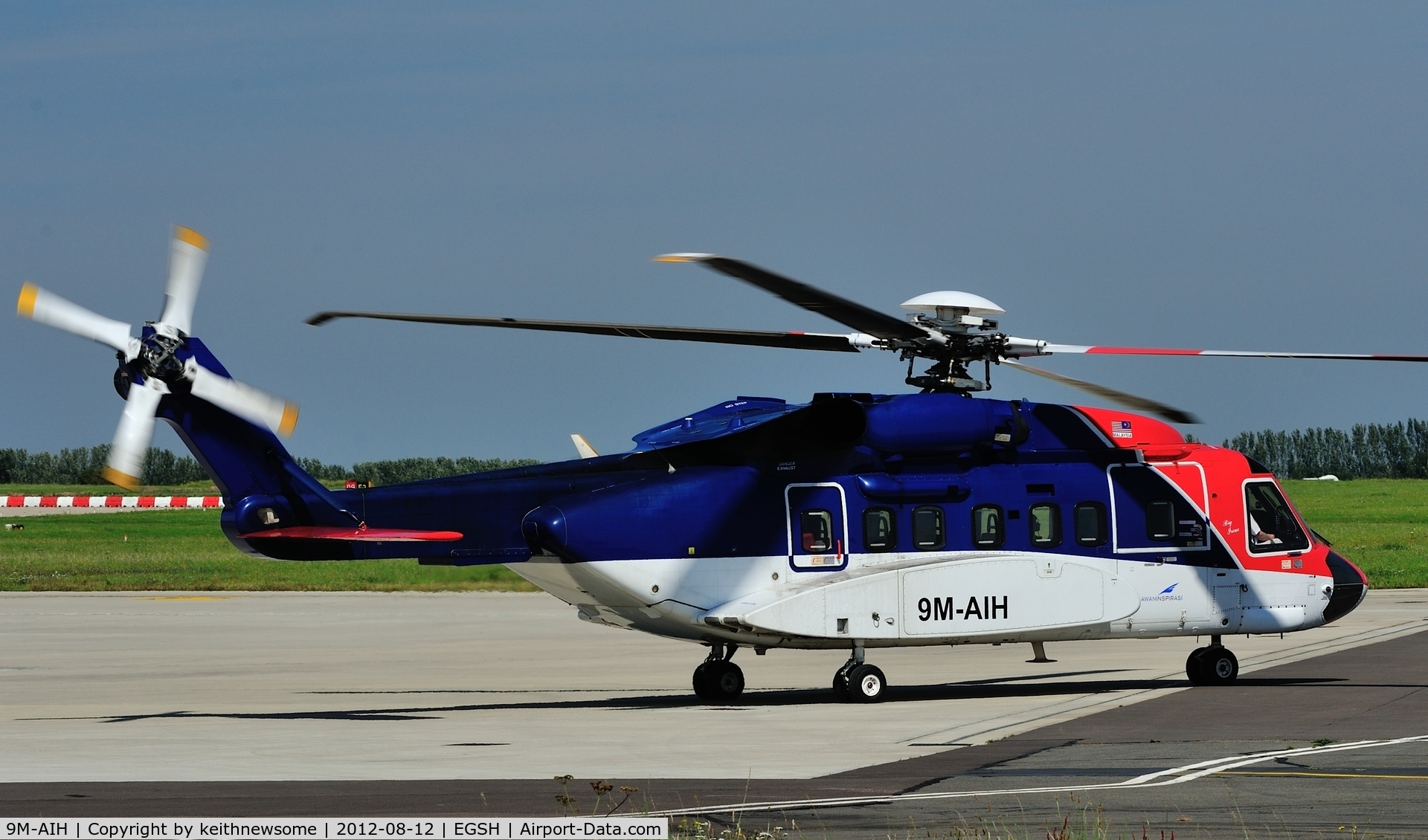 9M-AIH, 2005 Sikorsky S-92A C/N 920024, Leaving after fuel stop on a trip to Aberdeen.
