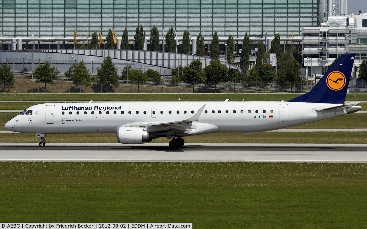 D-AEBG, 2011 Embraer 195LR (ERJ-190-200LR) C/N 19000423, departure from Munich