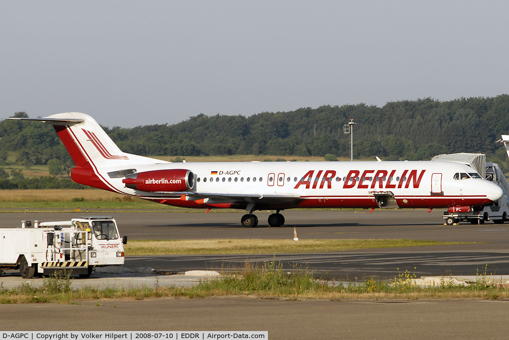 D-AGPC, 1989 Fokker 100 (F-28-0100) C/N 11280, at scn in old Air Berlin colours