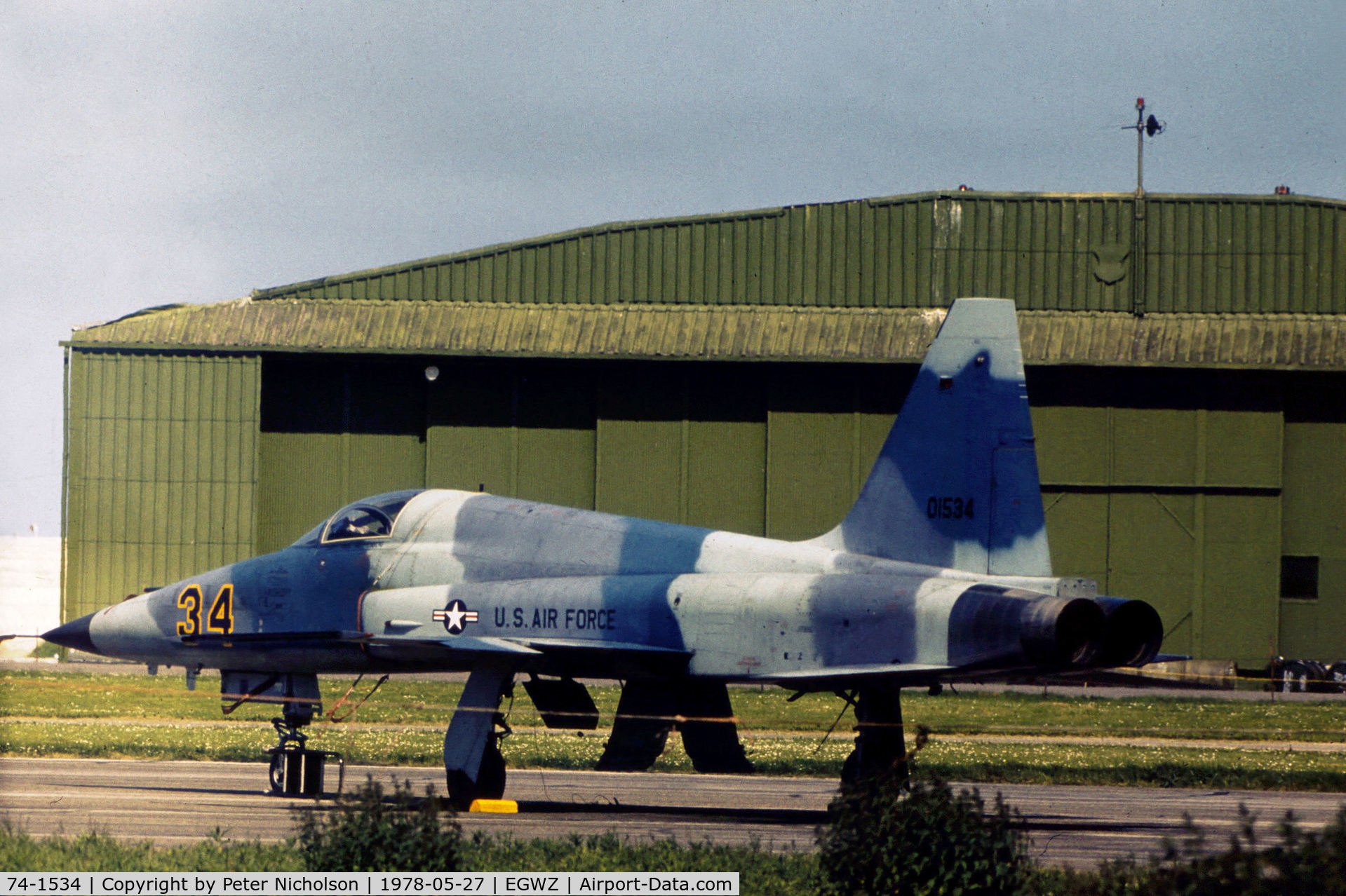 74-1534, 1974 Northrop F-5E Tiger II C/N R.1192, F-5E Tiger II of the 527th Tactical Fighter Training and Aggressor Squadron at RAF Alcoinbury in May 1978.