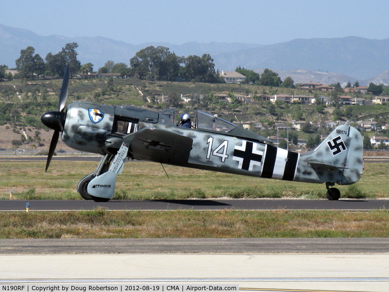 N190RF, Focke-Wulf Fw-190A-9 C/N 980 574, 1944 Focke Wulf Fw 190A-9, BMW 801 series radial 1,973 Hp, taxi to 26. Wings Over Camarillo Airshow 2012- Rudy Frasca's rare visitor. See in-flight photos.