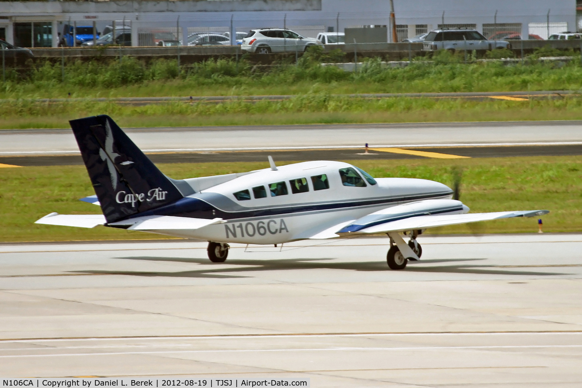 N106CA, 1985 Cessna 402C C/N 402C1020, A Cape Air Cessna 402C departs the San Juan ramp with a full load.