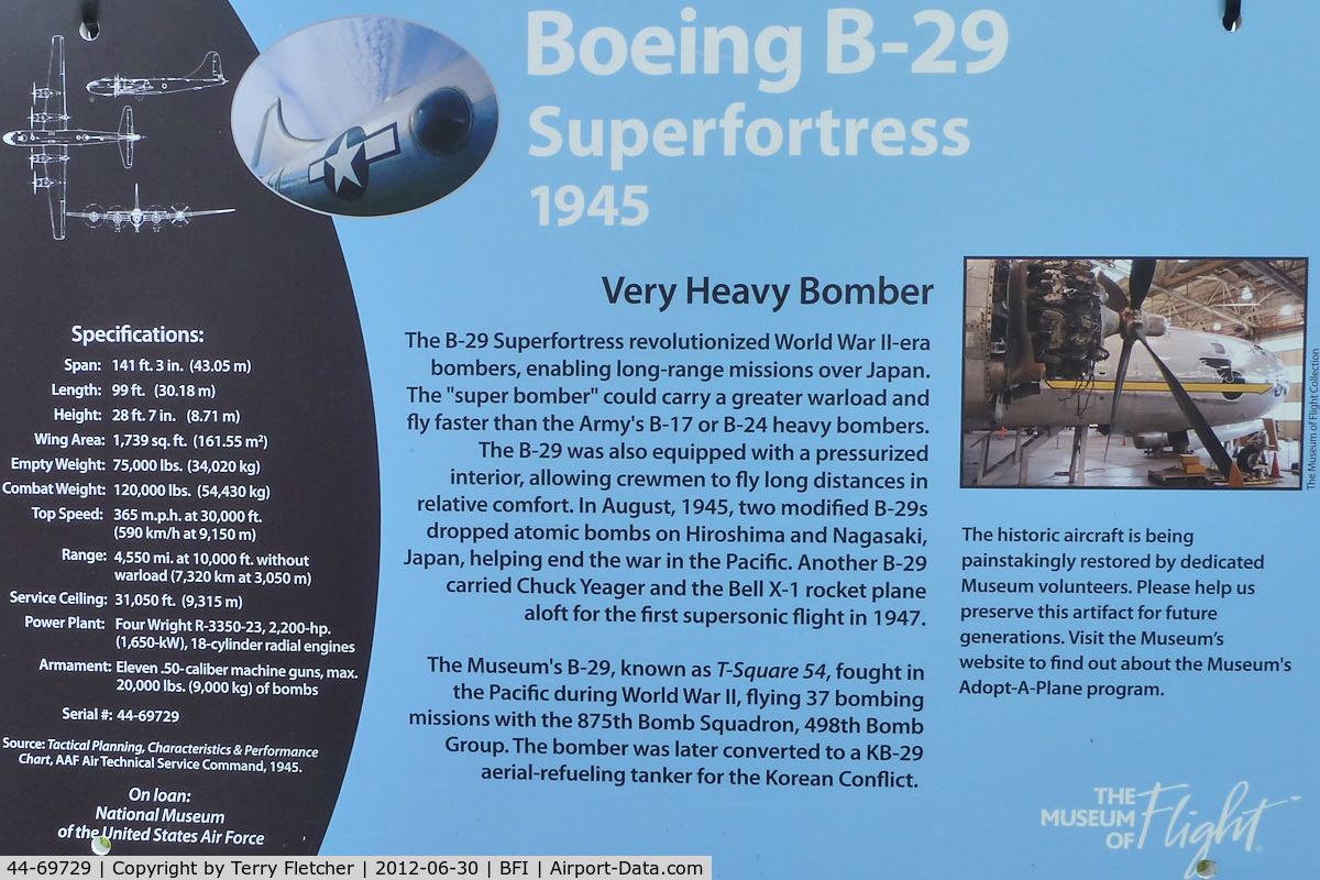 44-69729, 1944 Boeing B-29-60-BW Superfortress C/N 10561, B-29 history at Seattle Museum of Flight