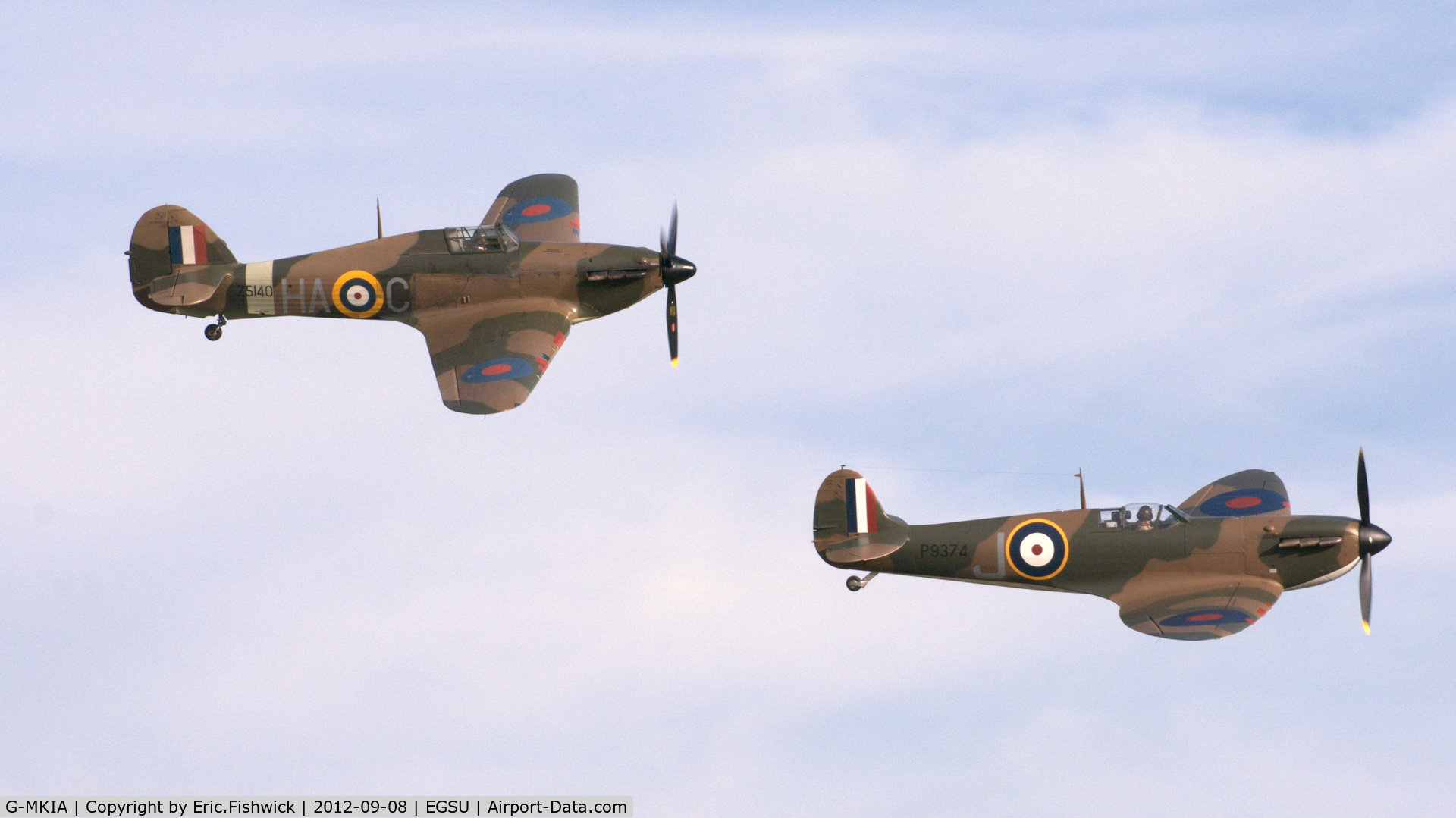 G-MKIA, 1939 Supermarine 300 Spitfire Mk1A C/N 6S/30565, 45. P9374 with Z5140 at The Duxford Air Show, Sept. 2012