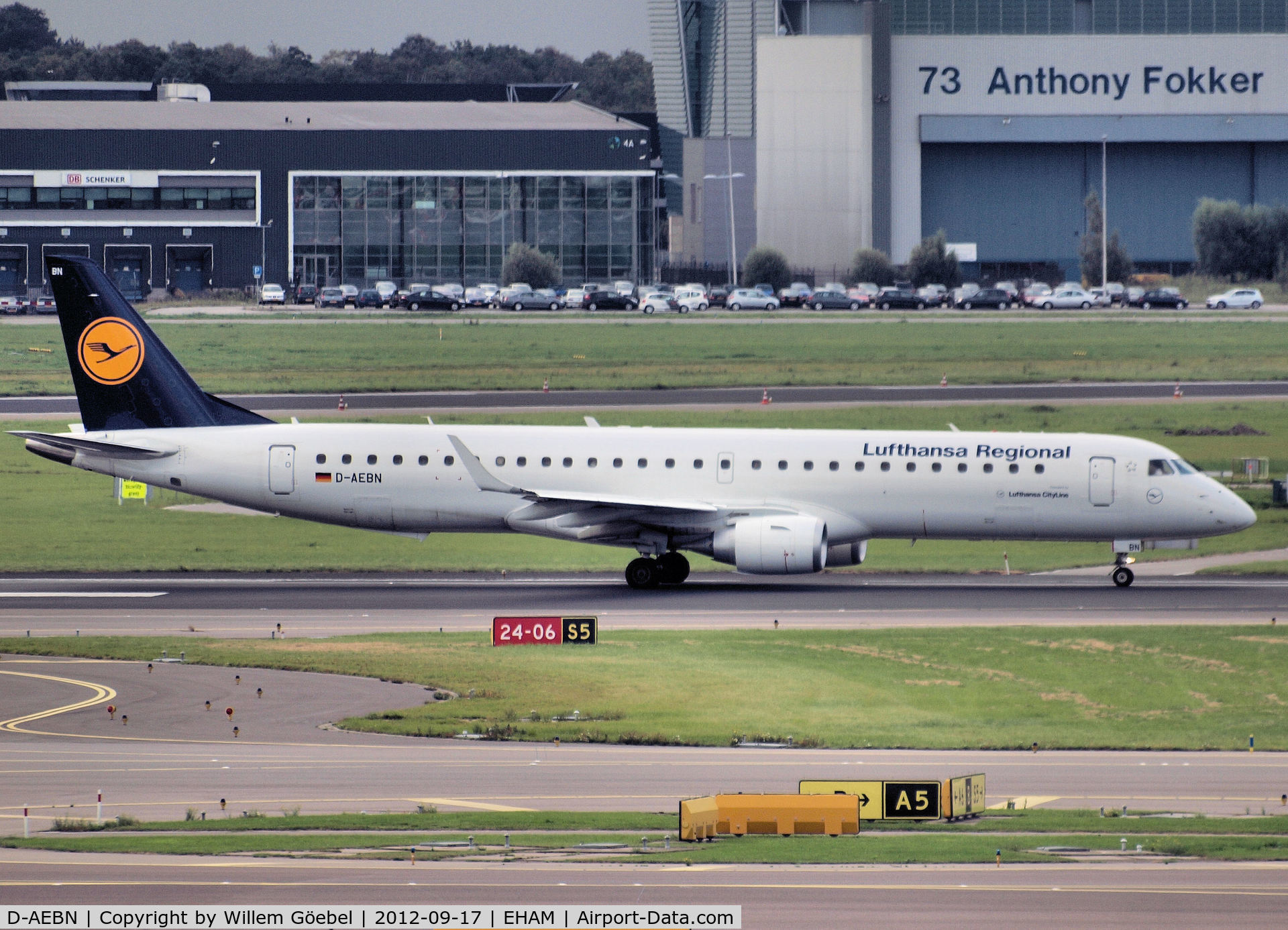 D-AEBN, 2012 Embraer 195LR (ERJ-190-200LR) C/N 19000532, Taxi to runway 24 of Schiphol Airport