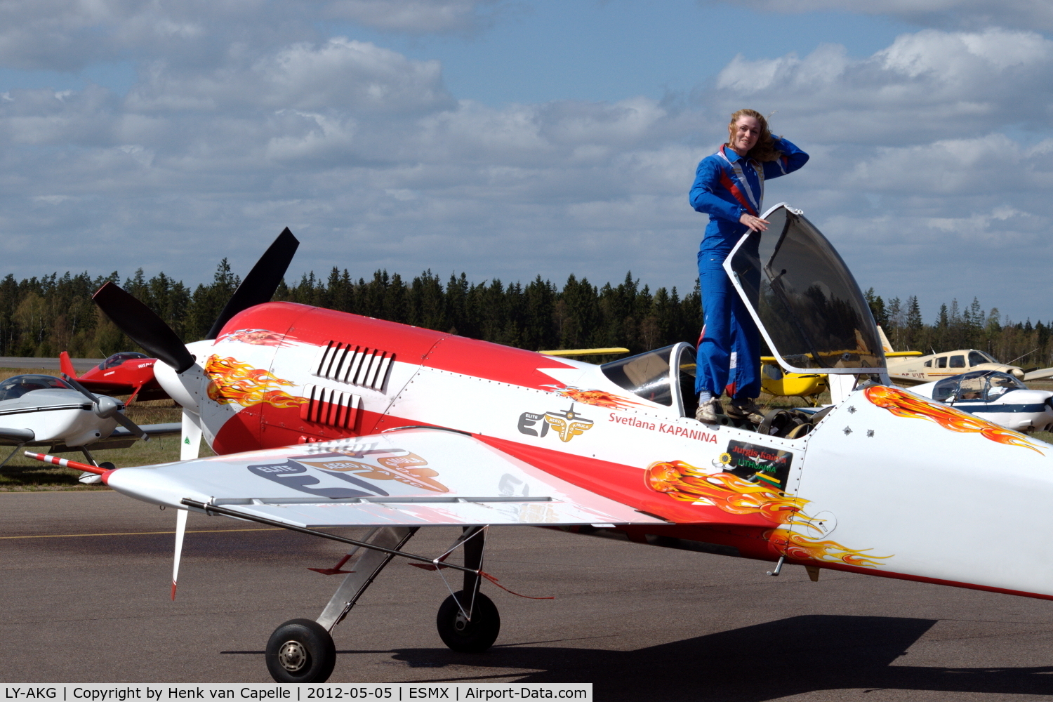 LY-AKG, Sukhoi SU-26M C/N 06-03, Russian aerobatics pilot Svetlana Kapanina after an impressive flight display in Jurgis Kairys' Su-26M.