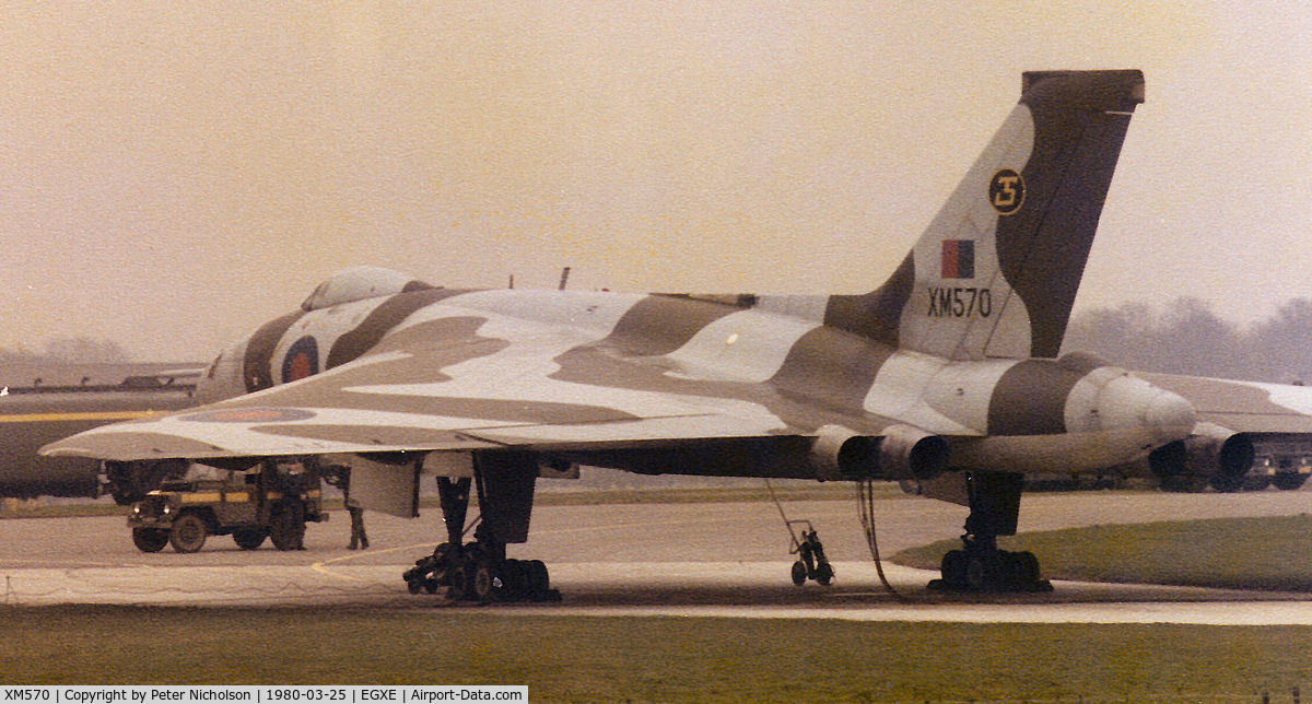 XM570, 1963 Avro Vulcan B.2 C/N Set 51, Vulcan B.2 of 35 Squadron based at RAF Scampton on dispersal to RAF Leeming in March 1980.