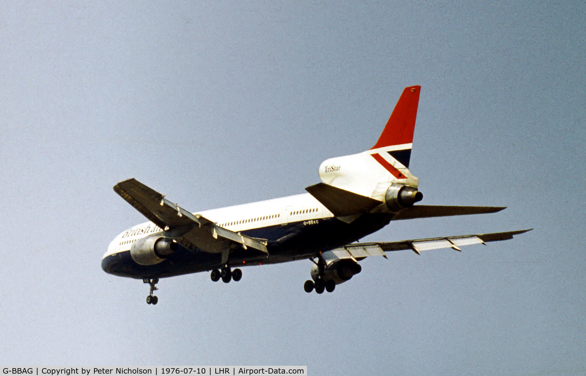 G-BBAG, 1974 Lockheed L-1011-385-1 TriStar 1 C/N 193E-1094, Lockheed TriStar 385 of British Airways on approach to Runway 10L at Heathrow in the Summer of 1976.