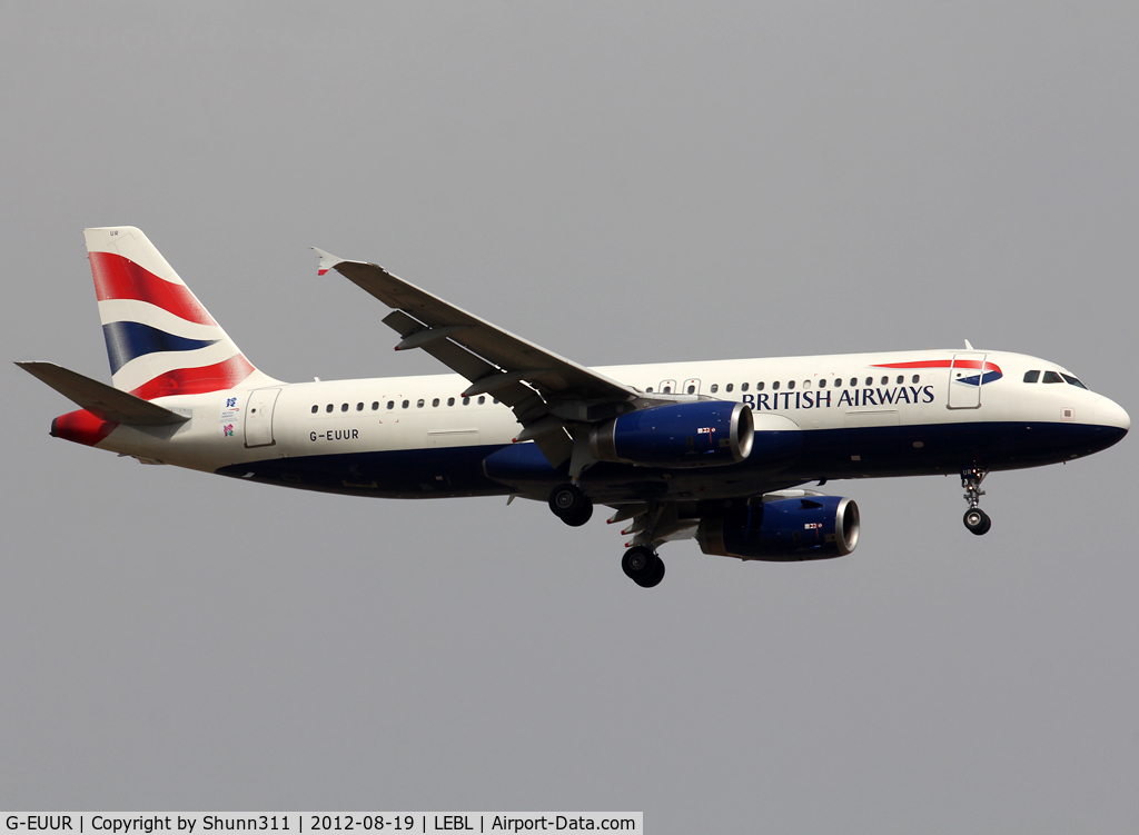 G-EUUR, 2003 Airbus A320-232 C/N 2040, Landing rwy 07L with additional Olympic Game sticker