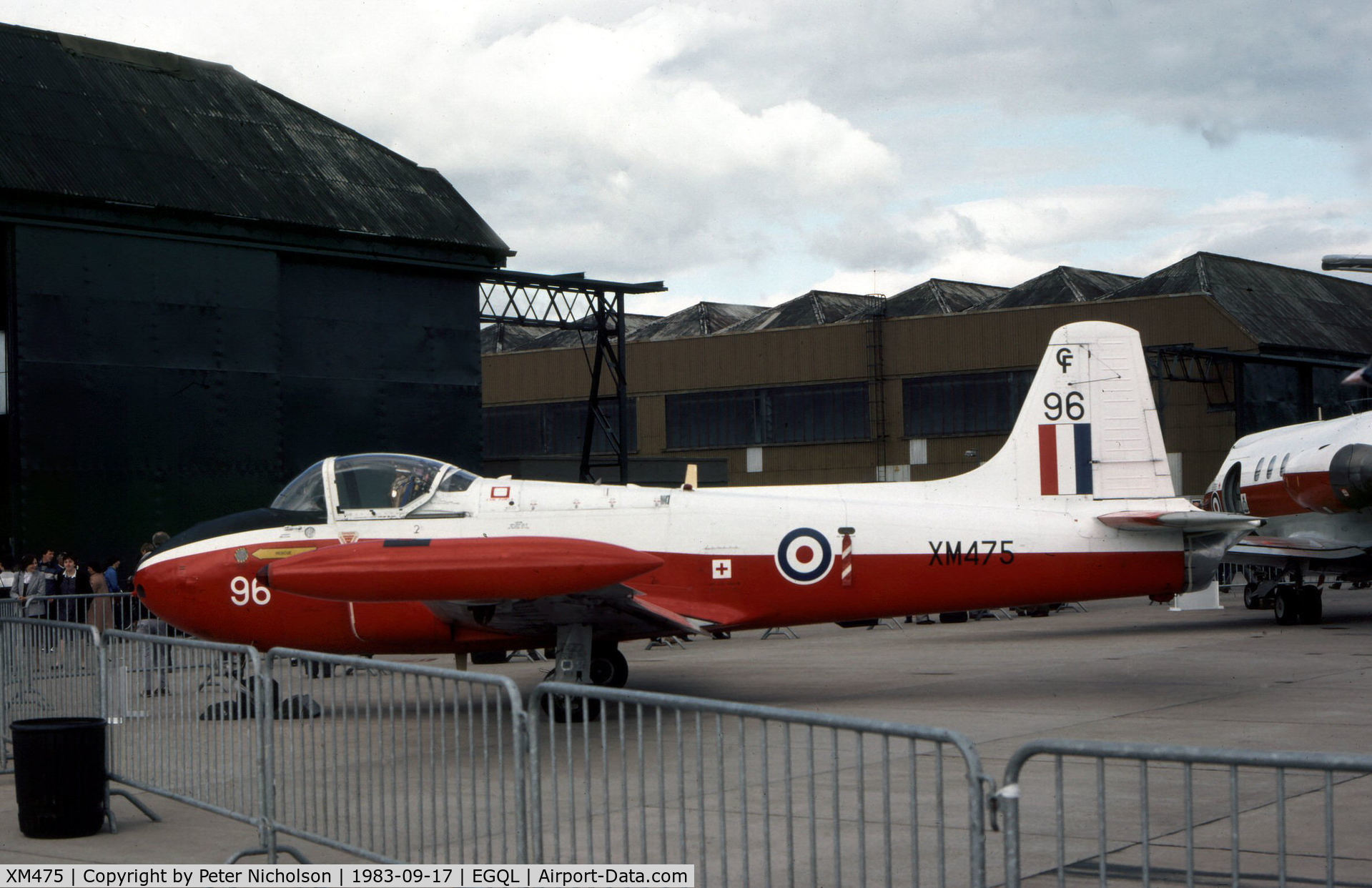 XM475, 1960 Hunting P-84 Jet Provost T.3A C/N PAC/W/9283, Jet Provost T.3A of 7 Flying Training School on display at the 1983 RAF Leuchars Airshow.