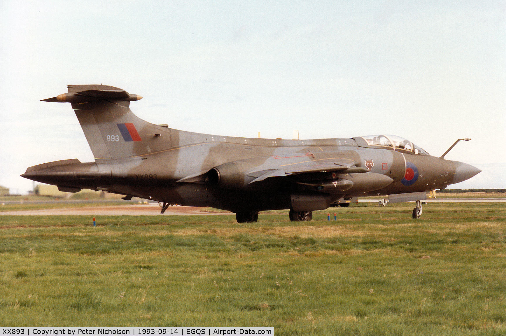 XX893, 1975 Hawker Siddeley Buccaneer S.2B C/N B3-02-74, Buccaneer S.2B of 12 Squadron taxying to the active runway at RAF Lossiemouth in September 1993.