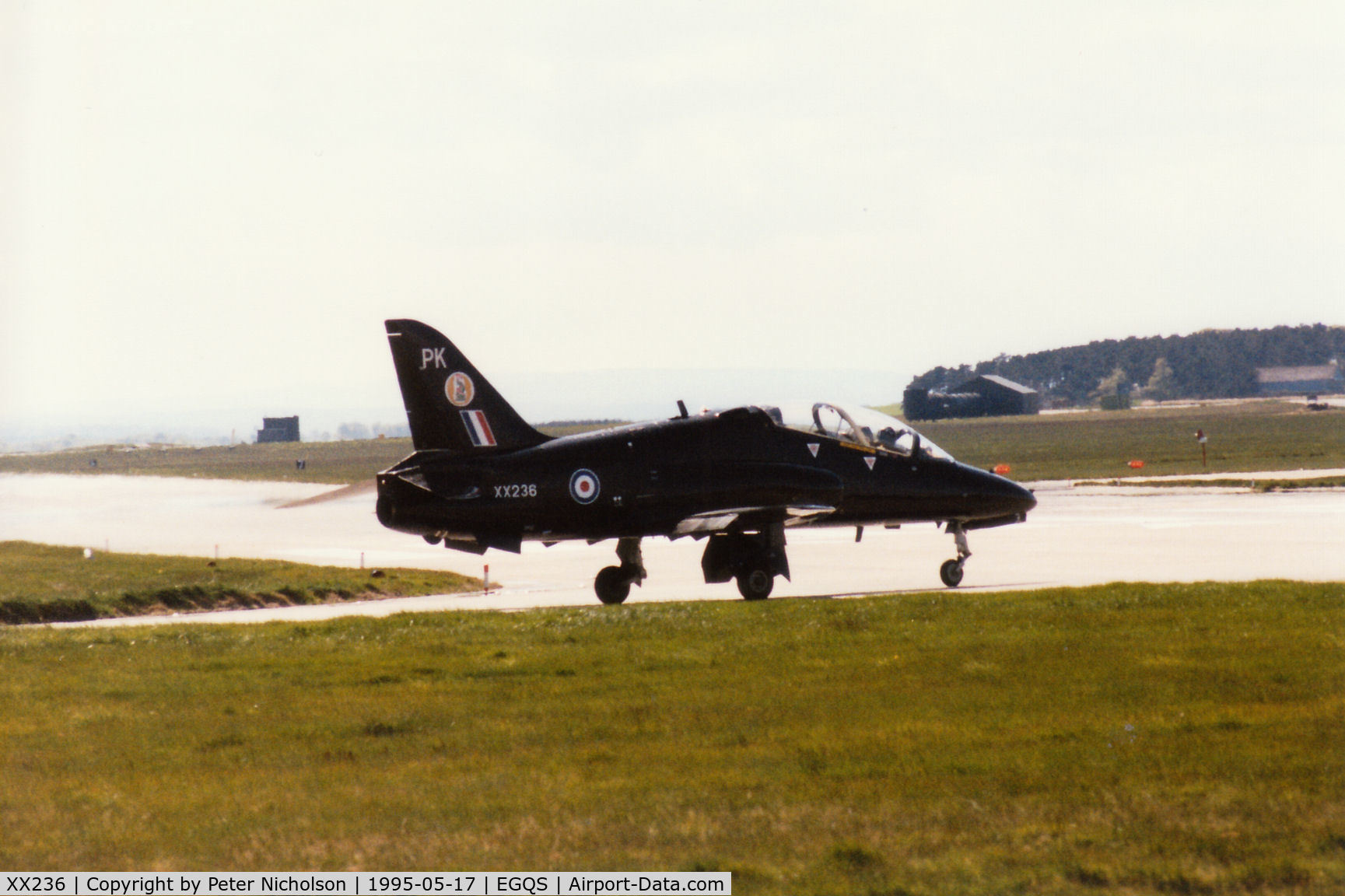 XX236, 1978 Hawker Siddeley Hawk T.1 C/N 072/312072, Hawk T.1 of 19[Reserve] Squadron crossing the active runway at RAF Lossiemouth in the Summer of 1995.