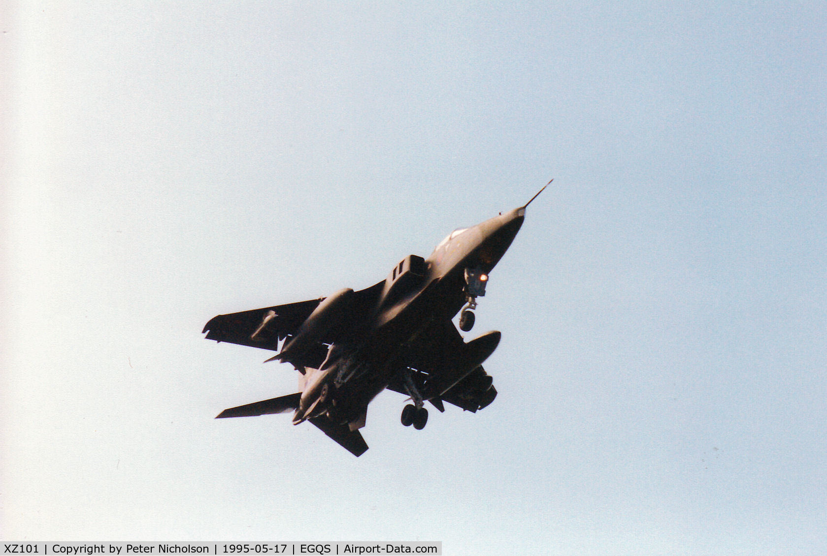 XZ101, 1976 Sepecat Jaguar GR.1A C/N S.102, Jaguar GR.1A of 16[Reserve] Squadron on approach to Runway 05 at RAF Lossiemouth in the Summer of 1995.