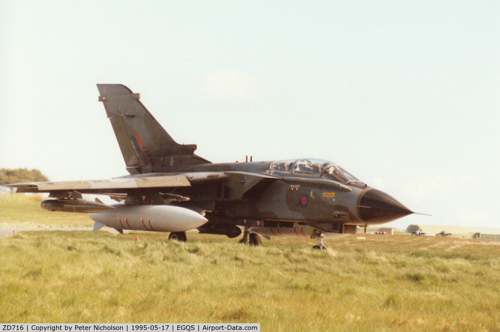 ZD716, 1984 Panavia Tornado GR.1 C/N 341/BS117/3157, Tornado GR.1 of the Strike Attack Operational Evaluation Unit at Boscombe Down taxying to Runway 05 at RAF Lossiemouth in the Summer of 1995.