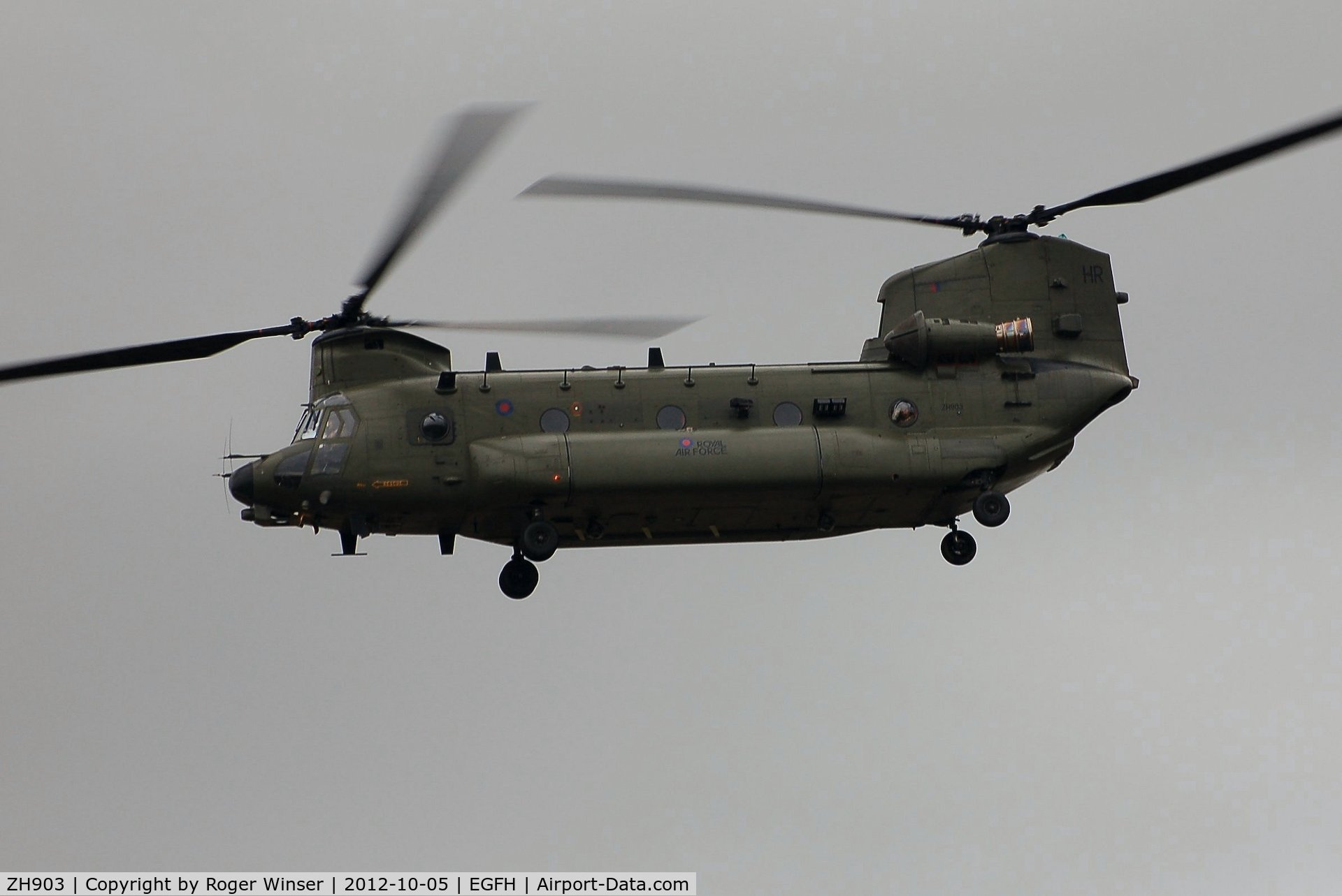 ZH903, Boeing Vertol Chinook HC.3 C/N M4482, Coded HR. Flypast by two RAF Chinook helicopters over Swansea Airport. ZH903 was led by ZH904 en-route to RAF Pembrey Sands Air Weapons Range (EGOP).