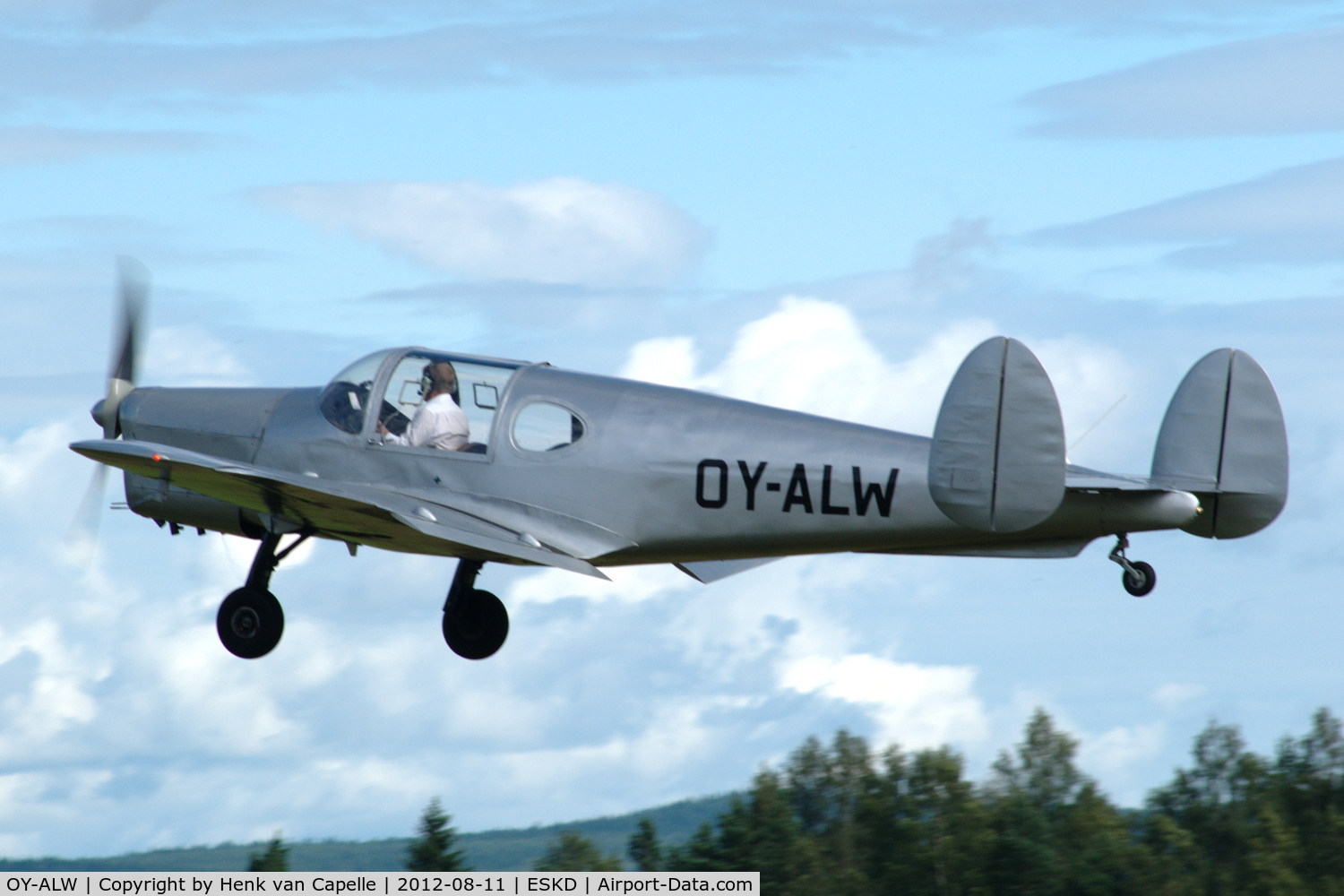 OY-ALW, 1946 Miles M.28 Mercury 6 C/N 6268, Danish Miles Mercury taking off from Dala-Järna airfield, Sweden. This is the 6th and final of the type built and the only airworthy one left, part of the Danish Collection of Vintage Aircraft.