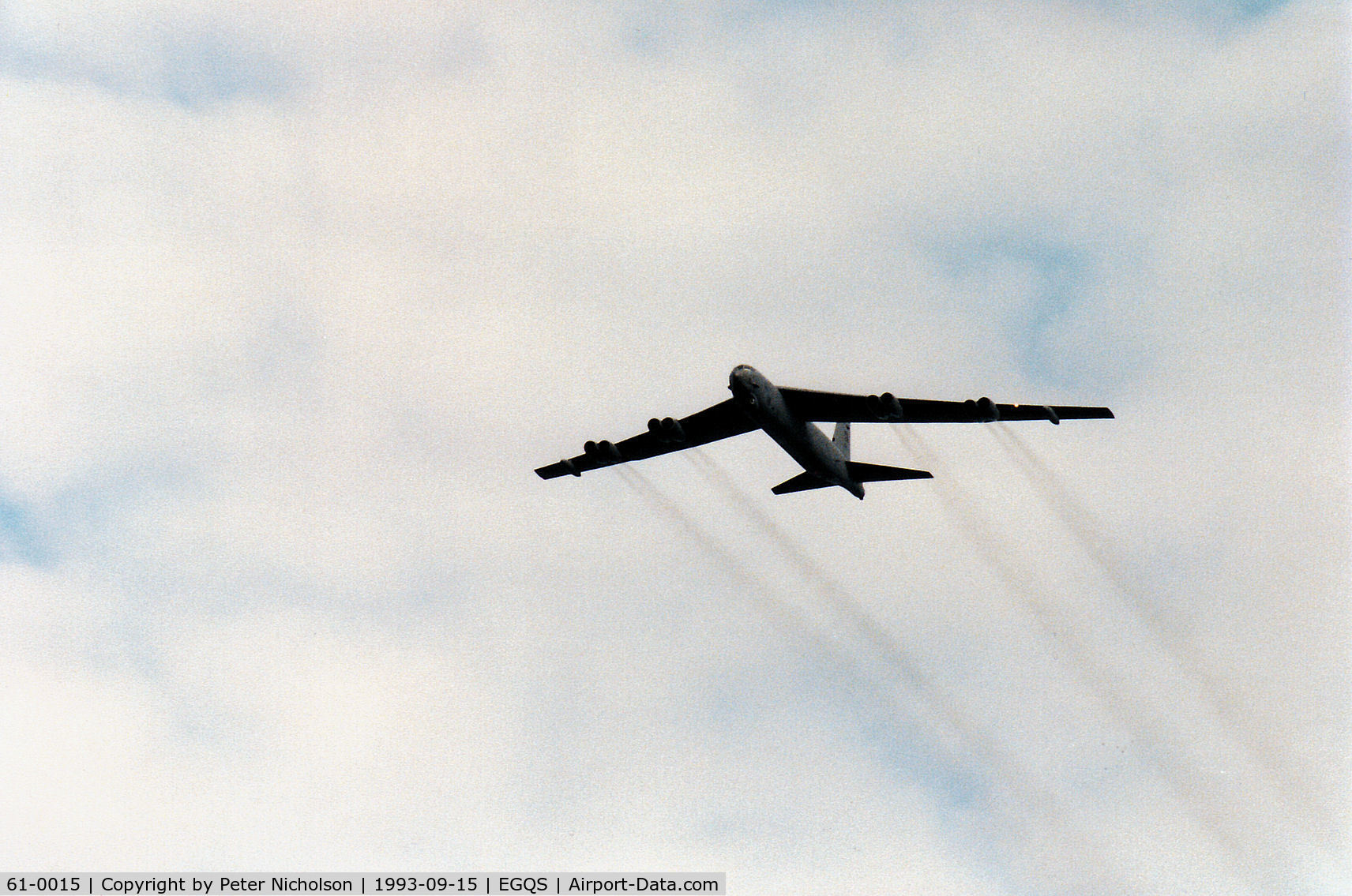 61-0015, 1961 Boeing B-52H Stratofortress C/N 464442, B-52H Stratofortress, callsign Slam 12, of the 416th Bomb Wing at Griffiss AFB over-flying RAF Lossiemouth on an Exercise Solid Stance mission in September 1993.