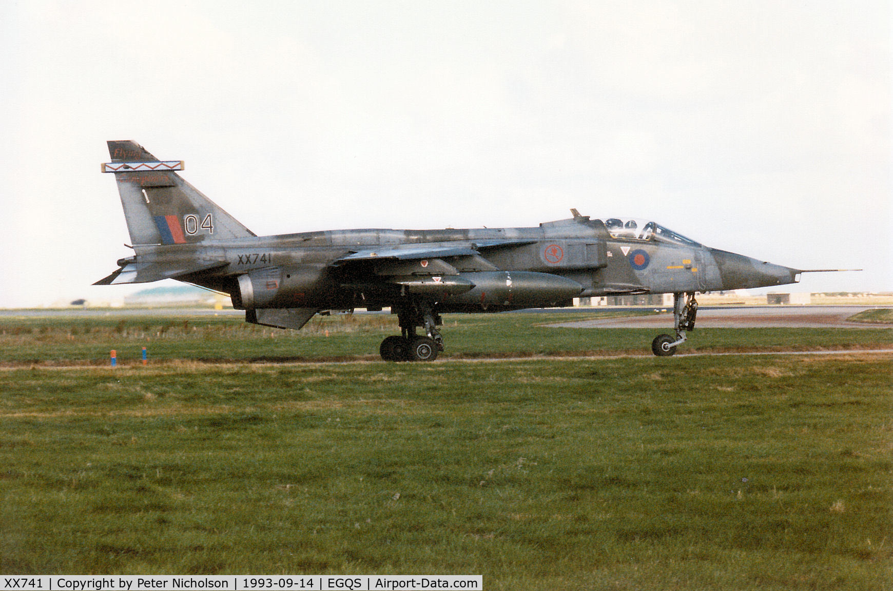 XX741, 1974 Sepecat Jaguar GR.1A C/N S.38, Jaguar GR.1A of 6 Squadron at RAF Coltishall taxying to Runway 05 at RAF Lossiemouth in September 1993.