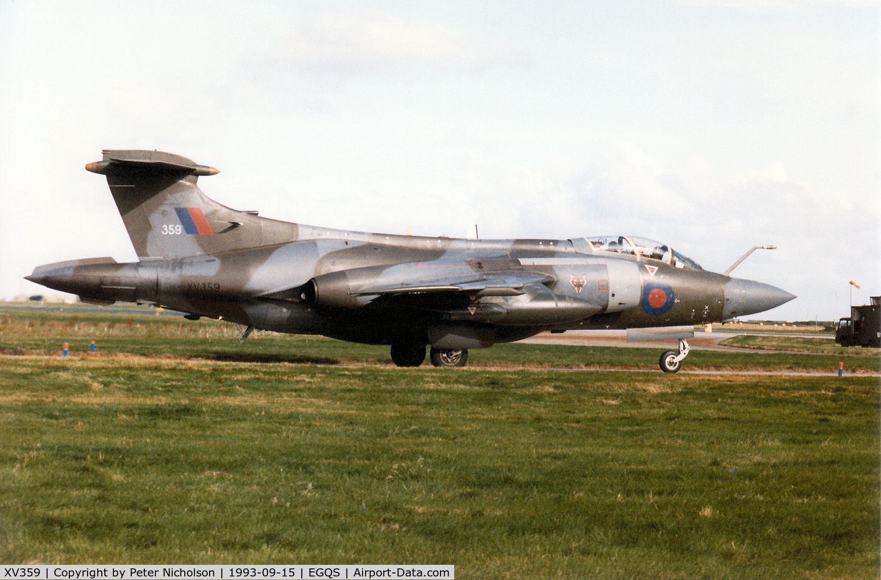 XV359, 1968 Hawker Siddeley Buccaneer S.2B C/N B3-09-67, Buccaneer S.2B of 12 Squadron taxying to Runway 05 at RAF Lossiemouth in September 1993.