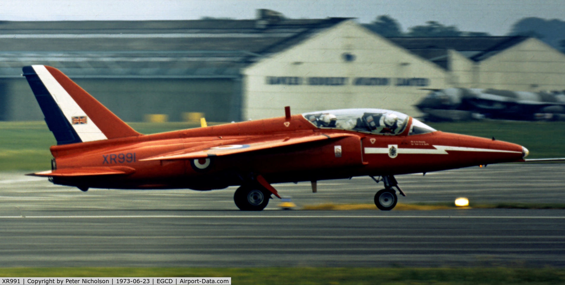 XR991, 1965 Hawker Siddeley Gnat T.1 C/N FL585, Gnat T.1 of the Red Arrows aerobatic display team at the 1973 Woodford Airshow.