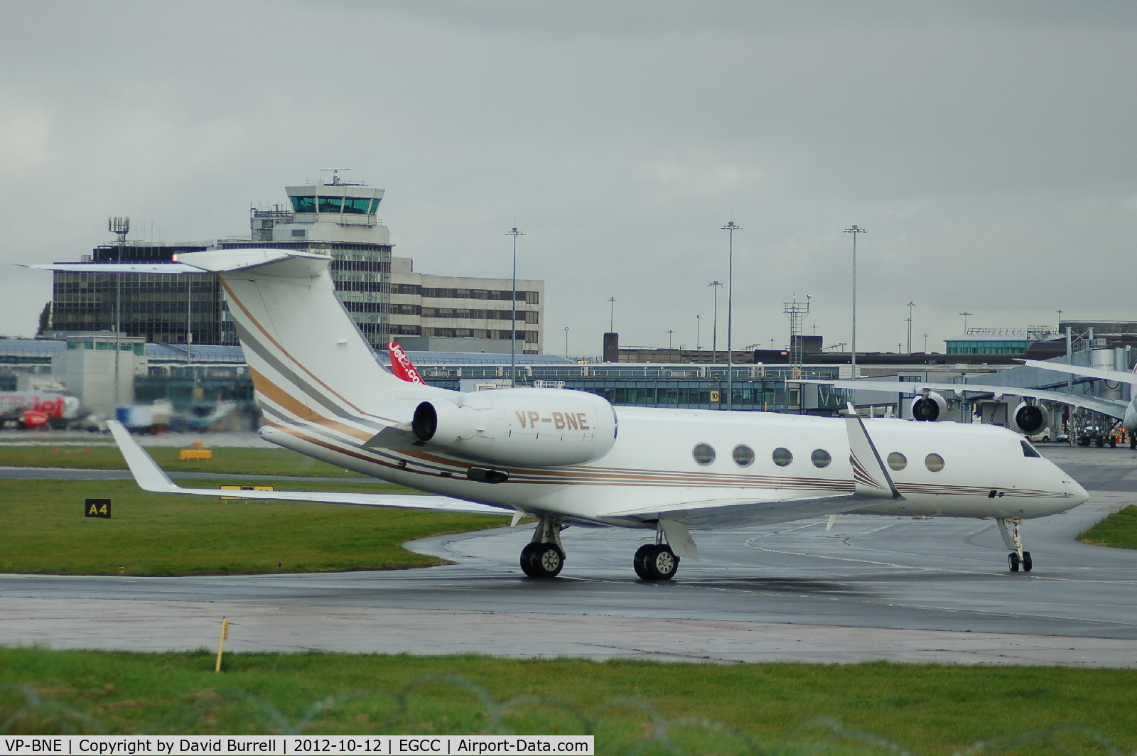VP-BNE, 2005 Gulfstream Aerospace GV-SP (G550) C/N 5051, Jet Aviation Business Jets Gulfstream G550 taxiing at Manchester Airport.