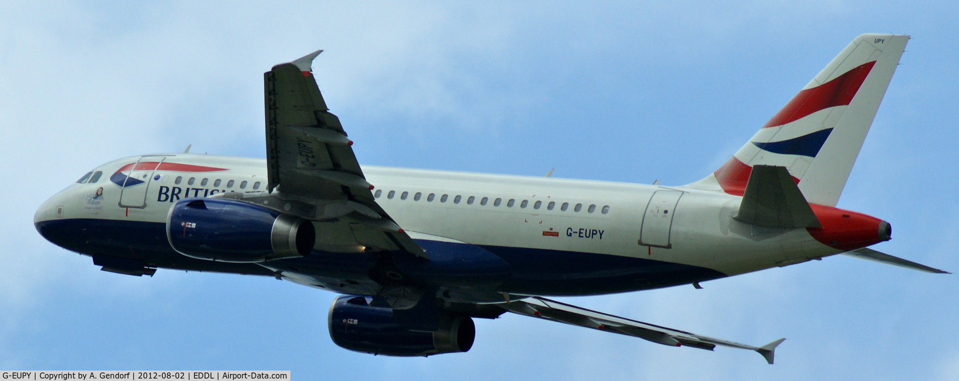 G-EUPY, 2001 Airbus A319-131 C/N 1466, British Airways, is climbing out of Düsseldorf Int´l (EDDL), bound for London Heathrow (EGLL)