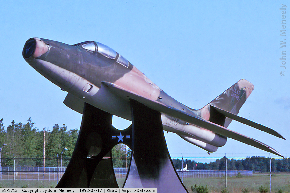 51-1713, Republic F-84F Thunderstreak C/N Not found 51-1713, July 1992 - Preserved at Escanaba Airport, MI