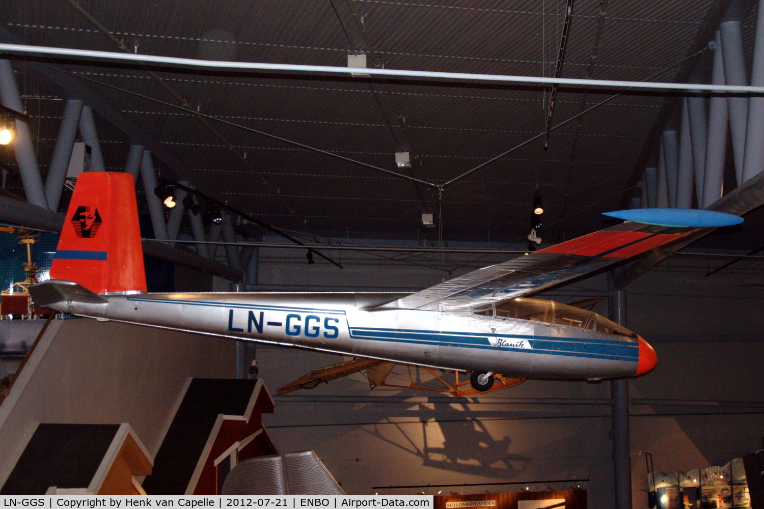 LN-GGS, Let L-13 Blanik C/N 170209, Let L-13 Blanik all-metal glider in the Norsk Luftfartsmuseum in Bodø, Norway. It was previously used by the Norsk Aero Klubb, but owned by the Air Force.