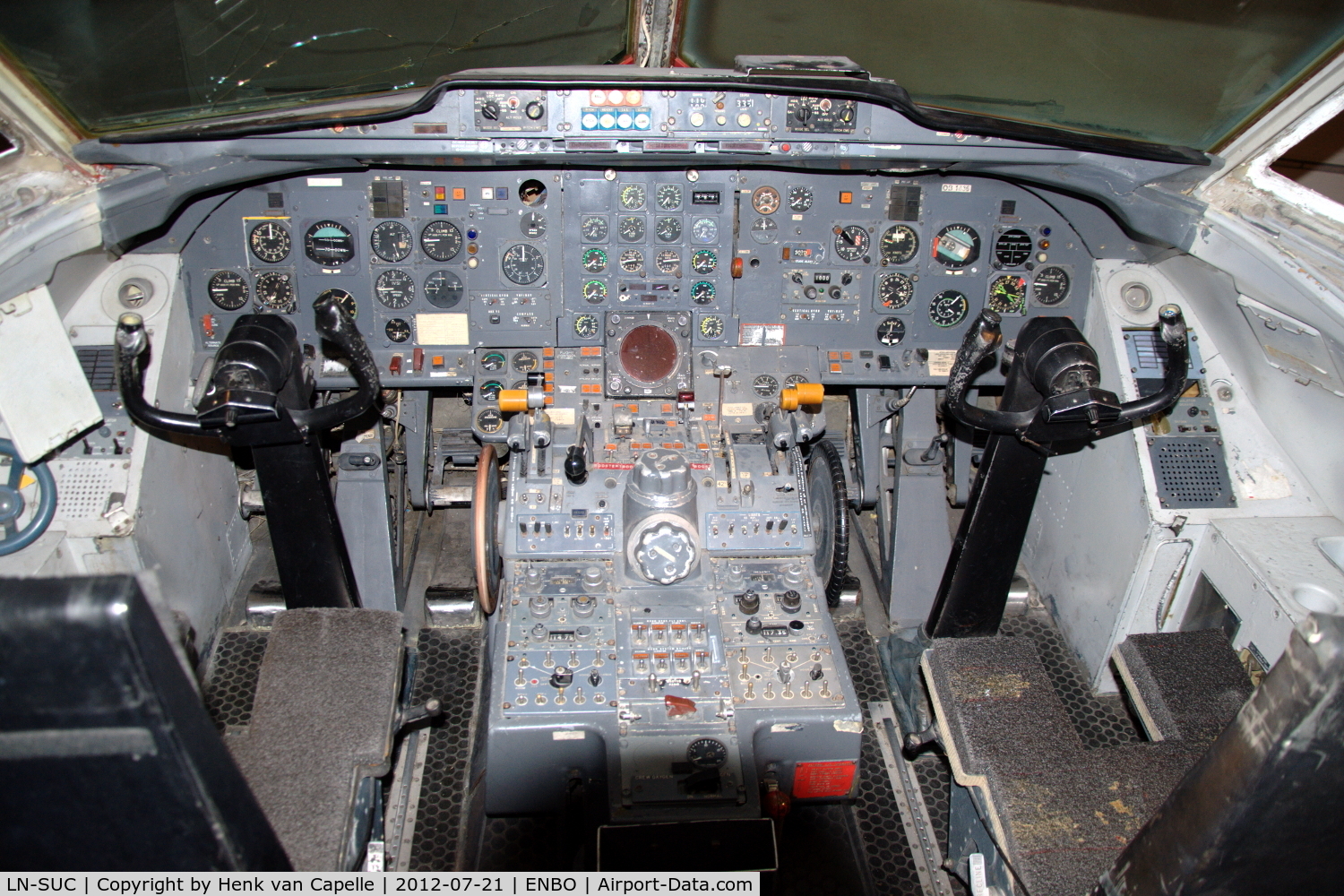 LN-SUC, 1969 Fokker F.28-1000 Fellowship C/N 11009, The cockpit of the Fokker F.28, which is preserved in its original delivery colourscheme of Braathens SAFE in the Norsk Luftfartsmuseum at Bodø Airport, Norway.