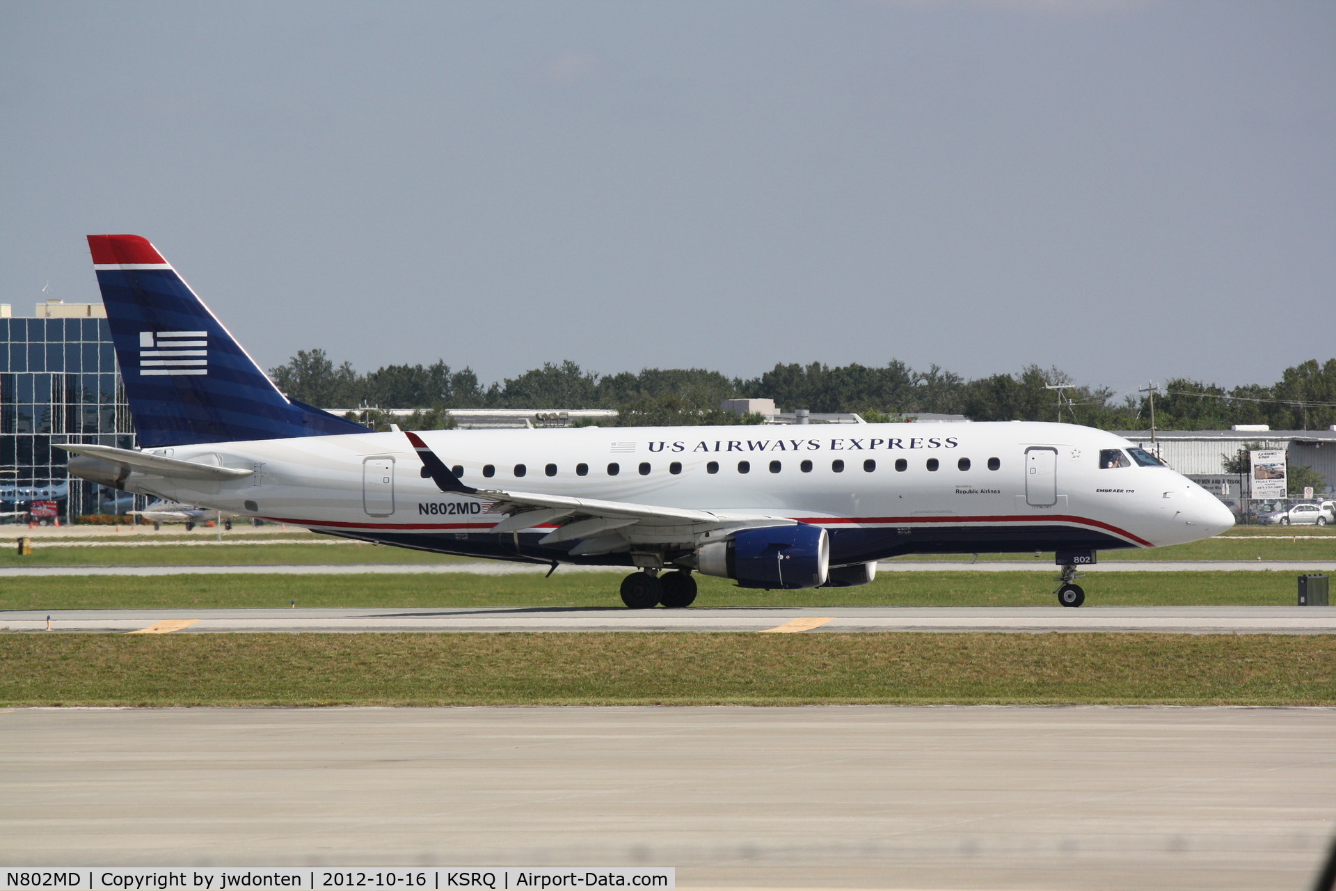 N802MD, 2004 Embraer 170SU (ERJ-170-100SU) C/N 17000013, US Air Flight 3327 operated by Republic (N802MD) arrives at Sarasota-Bradenton International Airport following a flight from Reagan National Airport