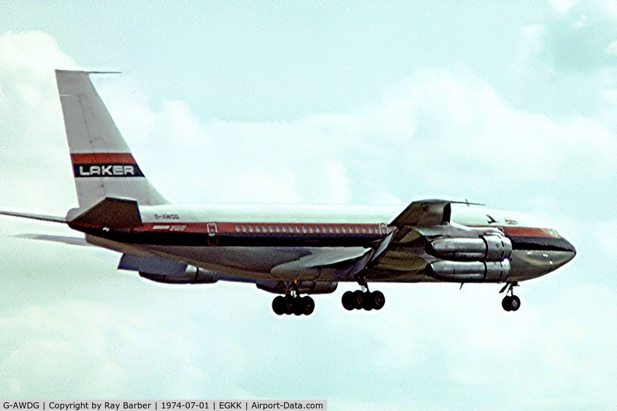 G-AWDG, 1959 Boeing 707-138B C/N 17702, Boeing 707-138B [17702] (Laker Airways) Gatwick~G 01/07/1974. Taken from a slide.